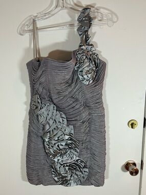 Aspeed One-Shoulder Slate Gray Cocktail Dress with Rosette Accents